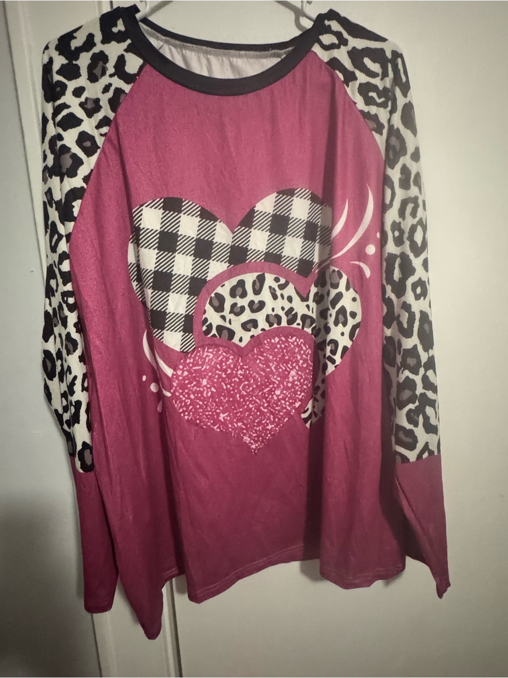 Womens Magenta Heart Print Raglan Tunic with Leopard Sleeves